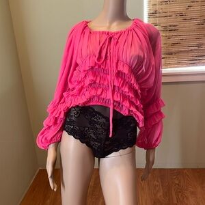Black Boutique Hot Pink Sheer Ruffled Tier Blouse Size M